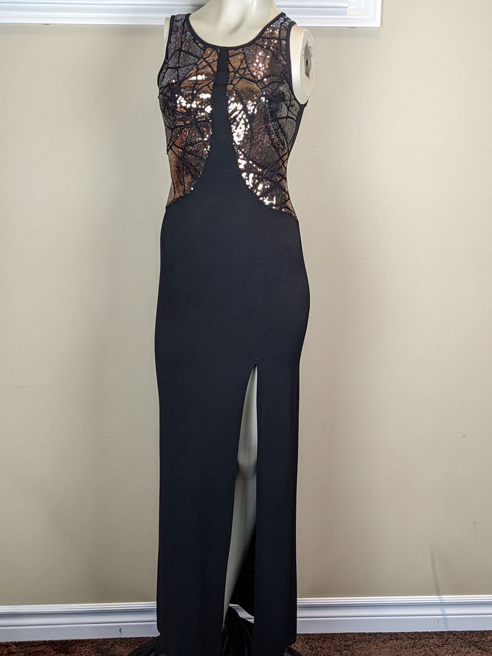 Black Evening Gown with Rose Gold Sequin Bodice